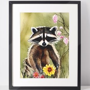 Watercolor Raccoon Portrait Illustration Wall Art Print Poster Card Unframed